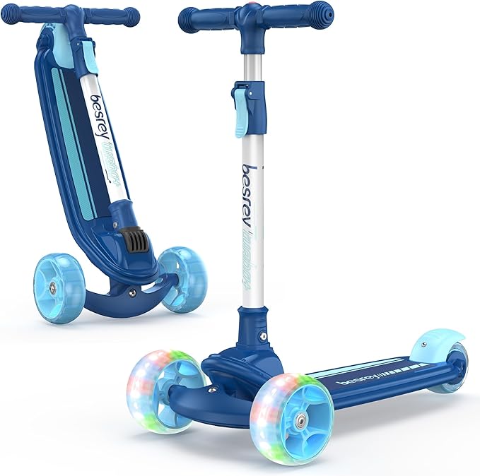 Besrey Kick Scooter for Kids Ages 3-10, 3-Wheel Folding Scooter with Adjustable Height, LED Light Wheels, Extra Wide Deck for Outdoor Activities