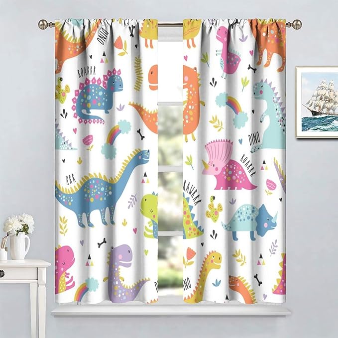 Cartoon Dinosaur Curtains for Boys Girls Home Decor Childish Cute Dino Animals Print Pattern Rod Pocket Blackout Window Drapes for Nursery Baby Bedroom Playroom W21xL45in Decor