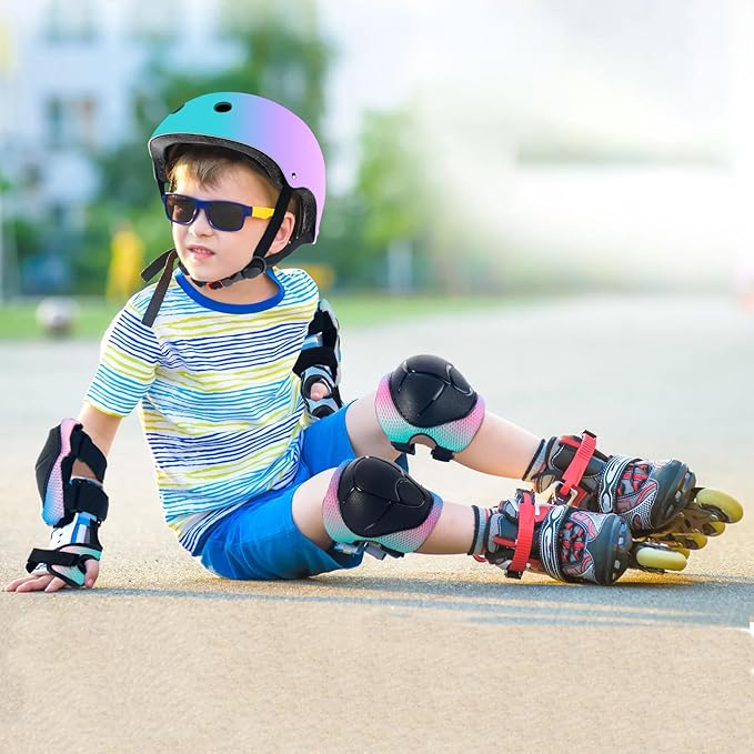 Adjustable Kids Bike Helmet with Knee & Elbow Pads Set, Color Gradient Design for Boys and Girls Aged 3-14+, for Skateboarding, Scooter, Roller & Inline Skating, Longboard