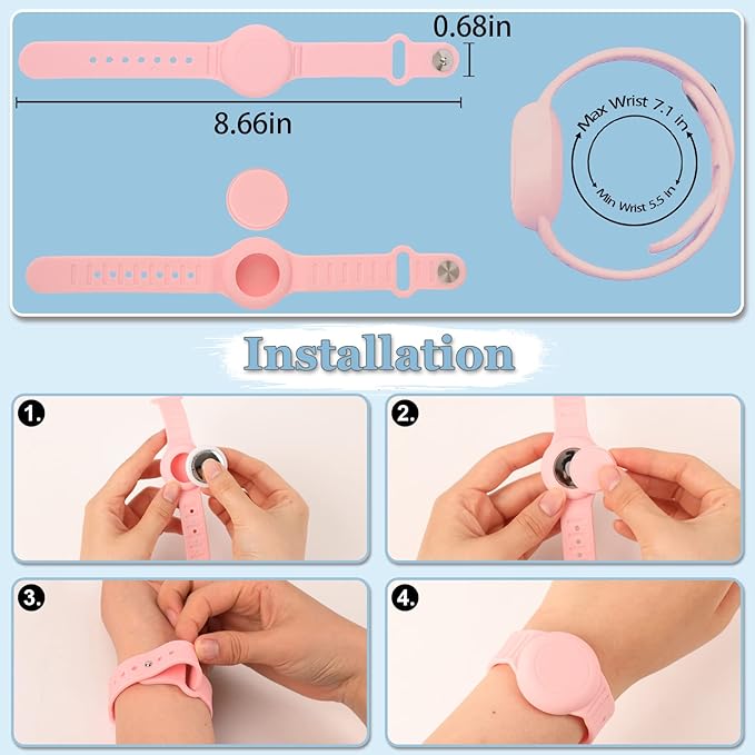 Kids Waterproof Airtag Bracelet Compatible with Apple AirTag, Hidden Silicon Protective Case for Air Tag GPS Tracker Holder, Adjustable Anti-Lost Watch Band for Toddler Child (Pink & Purple)