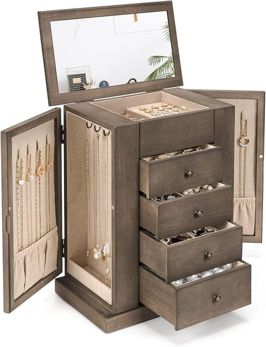 Jewelry Box for Women, 5 Layer Large Wood Jewelry Boxes & Organizers for Necklaces Earrings Rings Bracelets, Rustic Jewelry Organizer Box with Drawers and Mirror(Weathered Gray)