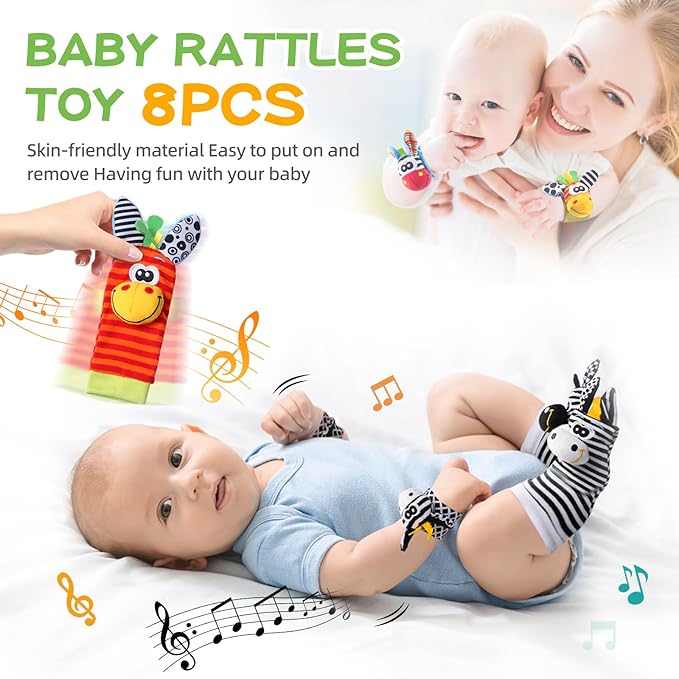 Baby Toys 0-6 Months,High Contrast Baby Toys for Newborn, 8 Pcs, Animal Wrist & Foot Rattles Socks Set, Sensory Rattle Toys for 0-12 Months, Babies Boy Girl Gifts