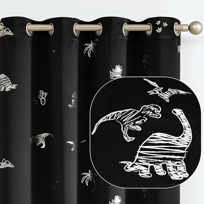 Vangao Kids Curtains Black Blackout Dinosaur Curtains for Boys Kids Nursery Girls Room Silver Dino Foil Print Thermal Insulated Drapes Grommet Top Window Treatments 84 Inches Length 2 Panels
