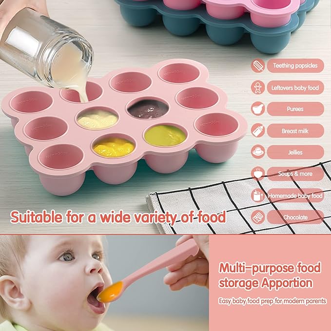 12x1.5oz Baby Food Freezer Tray with Clip Lid Gossamer Pink | Food Grade Silicone Storage Containers for Purees & Vegetables