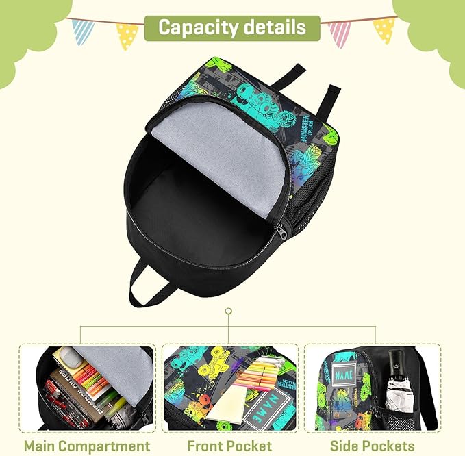 Colorful Monster Truck Toddler Backpack Waterproof Mini Backpack with Name/Text Preschool Backpack Cute Small Backpack Kindergarten Pre School Bags 13 Inch
