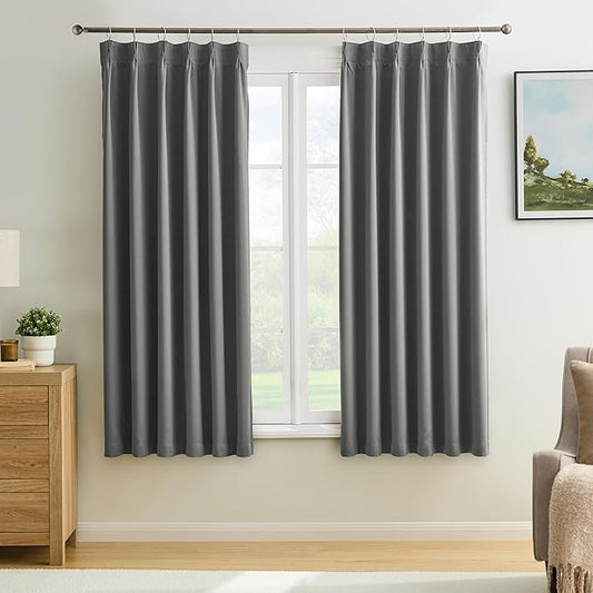 KEQIAOSUOCAI Blackout Bedroom Curtains 63 Inches Long, Thermal Insulated Short Pinch Pleated Vertical Drapes for 62 Inch Home Office/Bay Windows/Basement(Grey,40"x63"x2 Panels)