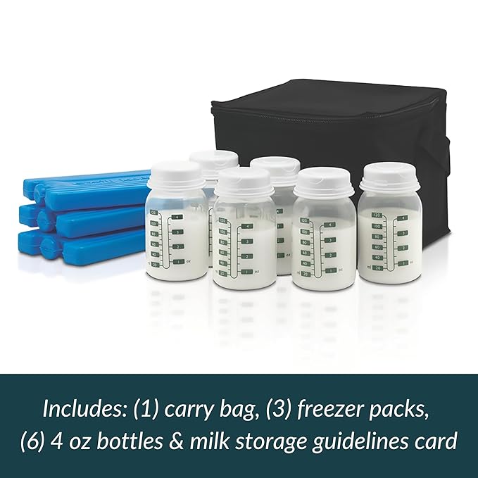 Ameda MYA Cool N Carry Portable Breast Milk Cooler Bag | Breastmilk Storage | Includes Insulated Cooler Bag, 3 Freezer Packs & 6 Breast Milk Storage Bottles