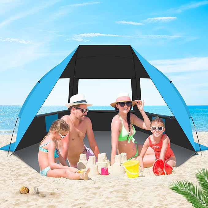 Gorich Portable Beach Tent for 3/4-5/6-7 Person with UPF 50+ UV Protection, Lightweight & Foldable Sun Shelter with 5 Sand Bags, Easy Setup Windproof Beach Umbrella Sun Shade