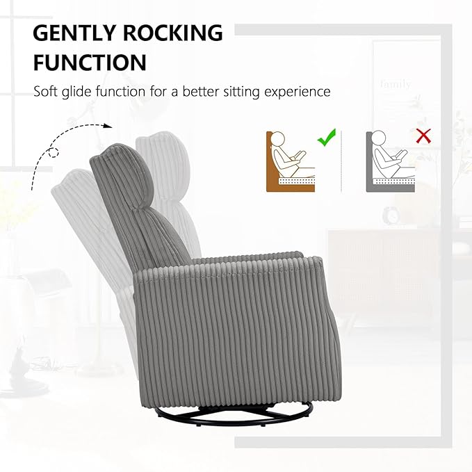 CANMOV Swivel Rocker Chair for Nursery, Swivel Accent Chair with High Back and Arms, Corduroy Glider Chair for Living Room Bedroom Nursery, Grey