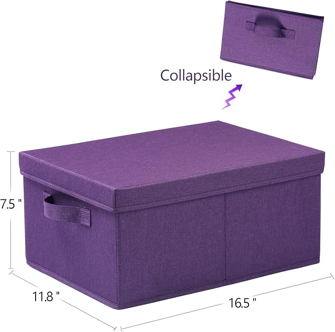 HOONEX Storage Bins with Lids for Organizing, Pack of 2, Storage Boxes with 2 Carry Handles and Sturdy Heavy Cardboard, 16.5" L x 11.8" W x 7.5" H for Shoes, Books, Clothes, Nursery, Dark Purple