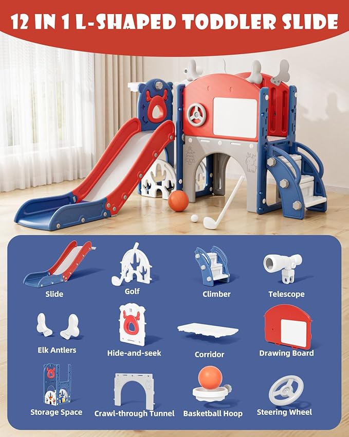 YUFU 12 in 1 Kids Slide for Toddlers, Toddler Slide Playset with Golf, Drawing Board, Climber, Basketball Hoop and Storage Space, Indoor Outdoor Toddler Playground for Kids Age 1-3 (Blue Red)