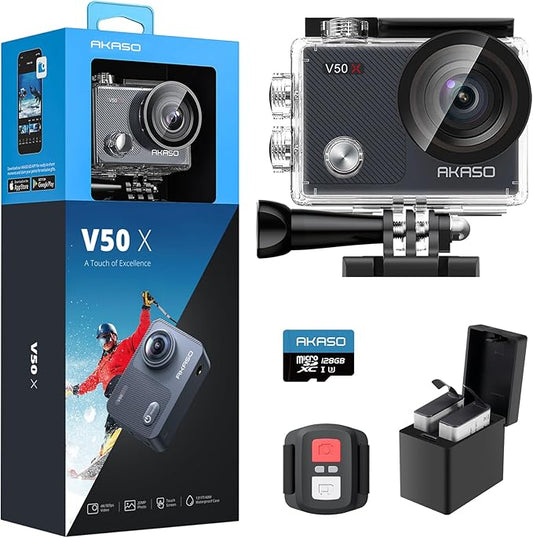 AKASO V50X Native 4K30fps WiFi Action Camera with EIS Touch Screen 4X Zoom 131 feet Waterproof Camera Support External Mic Remote Control with Helmet Accessories (with 128GB MicroSD Card)