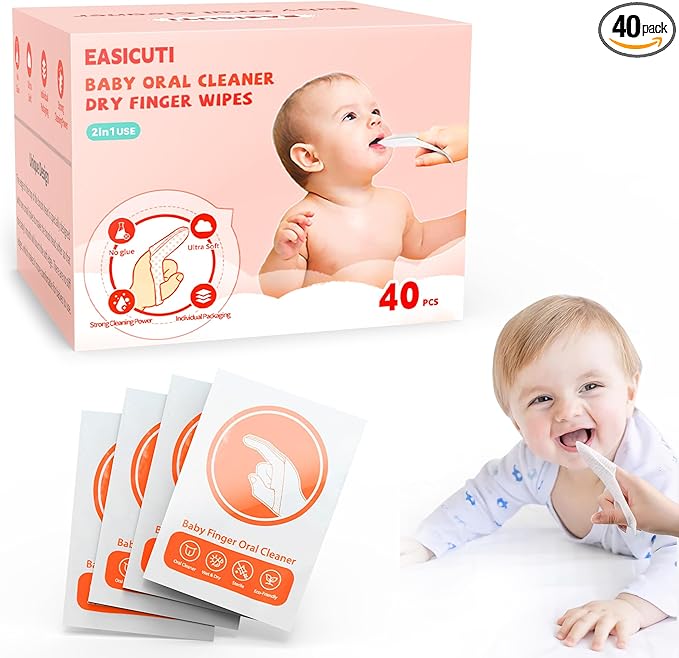 EASICUTI 40Pcs Baby Finger Toothbrush, Dry Wipes Baby Toothbrush, Baby Tongue Cleaner, Newborn Tooth and Gum Wipes, BAB y Oral Cleaner, Infant Toothbrush Mouth Clean for 0-36 Month