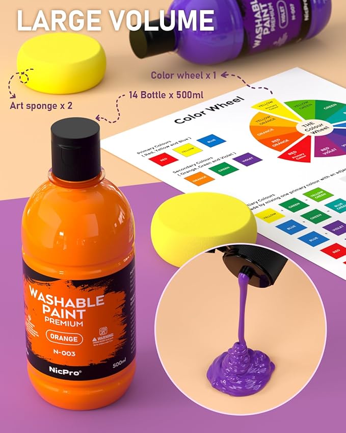 Nicpro 14 Colors Large Washable Paint Set for Kid (16.9 oz, 500 ml), Acrylic Bulk Paint Supplies Non Toxic Children Tempera Paint for Art, Craft DIY, Poster & Finger Paint, School, Party, Classroom