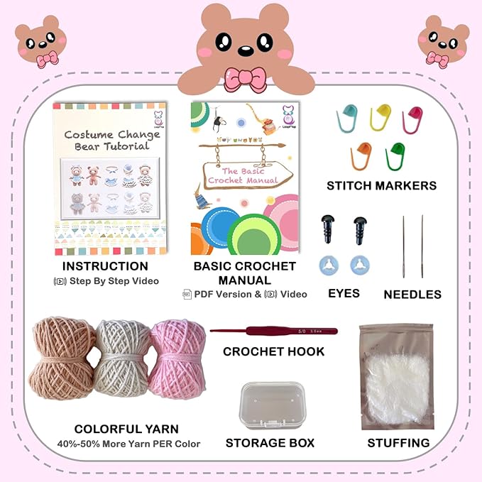 LoopMap Crochet Kit for Beginners - DIY Amigurumi Bear with Removable Dress & Accessories, Step-by-Step Video Tutorials, Extra Yarn, Crochet Tools, Handmade Gift for Kids & Adults(Bear-Pink)