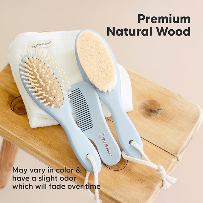 Baby Hair Brush and Comb Set for Newborn - Wooden Baby Hair Brush Set with Soft Goat Bristle, Baby Brush Set for Newborns, Baby Brush and Comb Set Girl, Boy, Toddler Cradle Cap Brush (Oval, Frost)