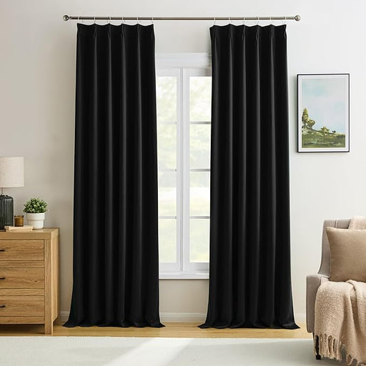 KEQIAOSUOCAI Pinch Pleated Blackout Curtains 92 Inch Long 2 Panels for Bedroom Living Room Thermal Insulated Black Out Window Curtain Pinched Pleat Drape with Hooks (W40 x L92 Inch, Black)