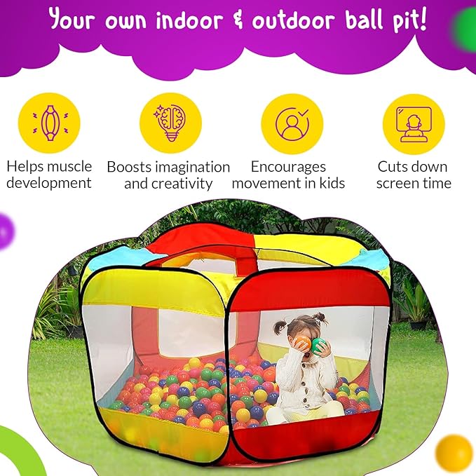 Kids Play Tent with 100 Balls – Extra Large 56″x50″ Pop-Up Ball Pit – Indoor/Outdoor Playhouse with Mesh Windows & Carry Bag