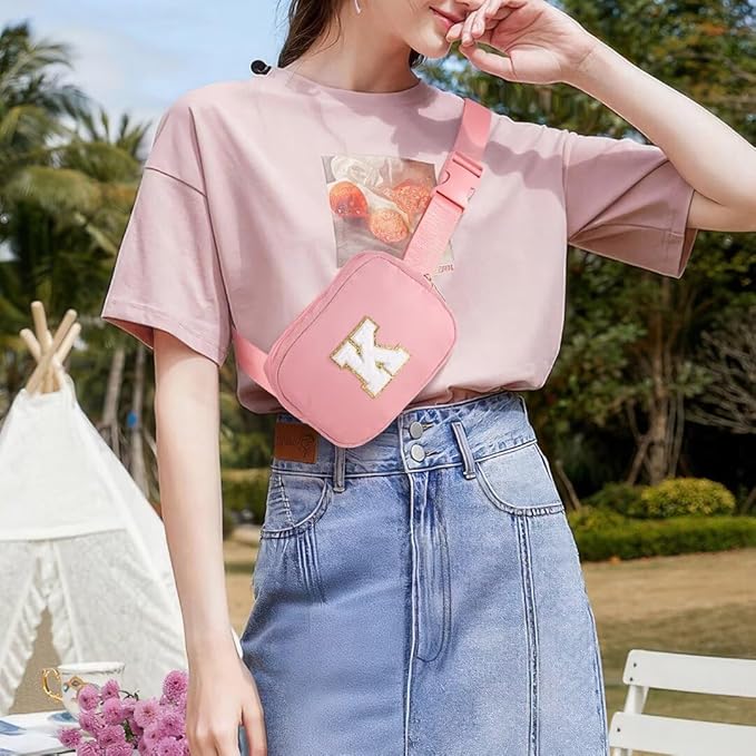 YOOLIFE Gifts for Girls Teen Girls - Initial Crossbody Bag for Girls Teens Belt Bag Fanny Pack, Personalized Preppy Stuff Dance Gifts for Teen Girls Kids, Birthday Gifts for Girls, Pink