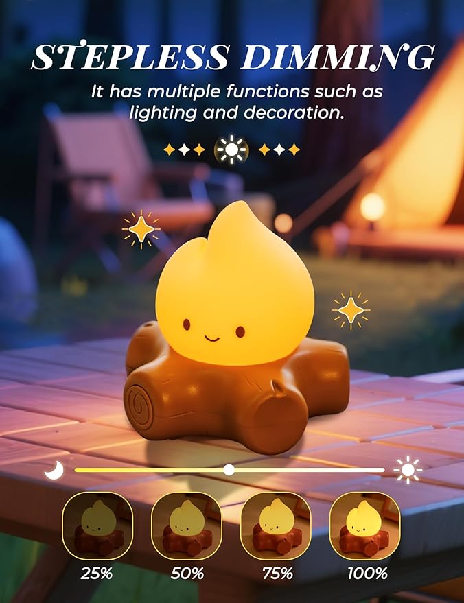 Campfire Night Light for Kids, Cute Campfire Lamp Gifts, LED Light up Flame Lights, Dimmable, Rechargeable Bedside Nightlight, Baby Nursery Dorm Kawaii Décor Toys