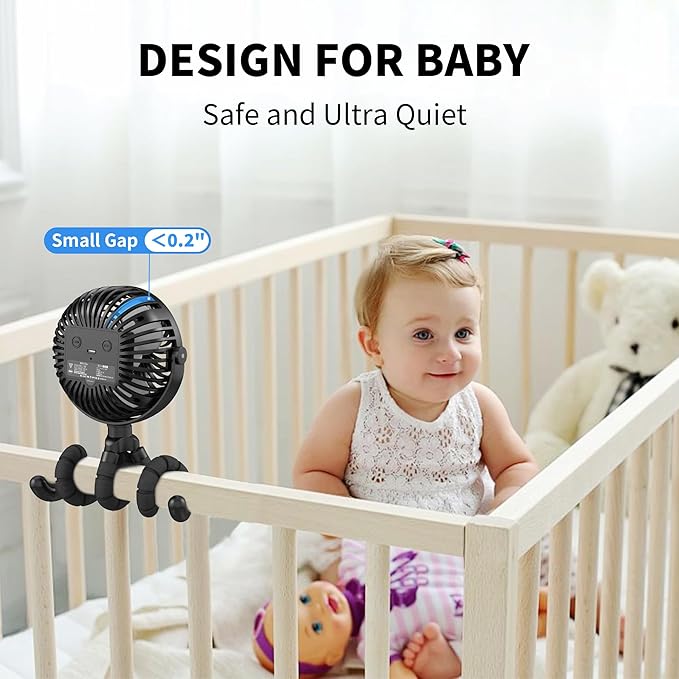 AMACOOL Battery Operated Stroller Fan Flexible Tripod Clip On Fan with 3 Speeds and Rotatable Handheld Personal Fans for Car Seat Crib Bike Treadmill (Black)