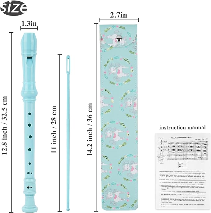 Recorder Instrument for Beginner Kids Adults,8-Hole Soprano Descant Recorder Music Flute with with Cleaning Rod & Leather Case For School Student Home Entertainment(2-Green Unicorn)