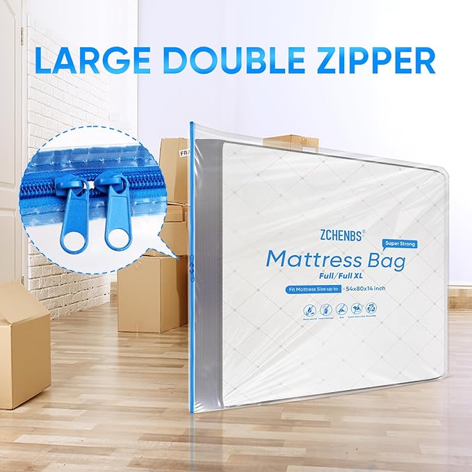 ZCHENBS® – Mattress Bags for Moving and Storage,Mattress Bag with Zippers,5 Mil Ultra-Thick Bed Bag,Waterproof,Anti-Tear,Heavy-Duty Mattress bag (Transaparent/Blue, Full/Full XL-(1 Pack))
