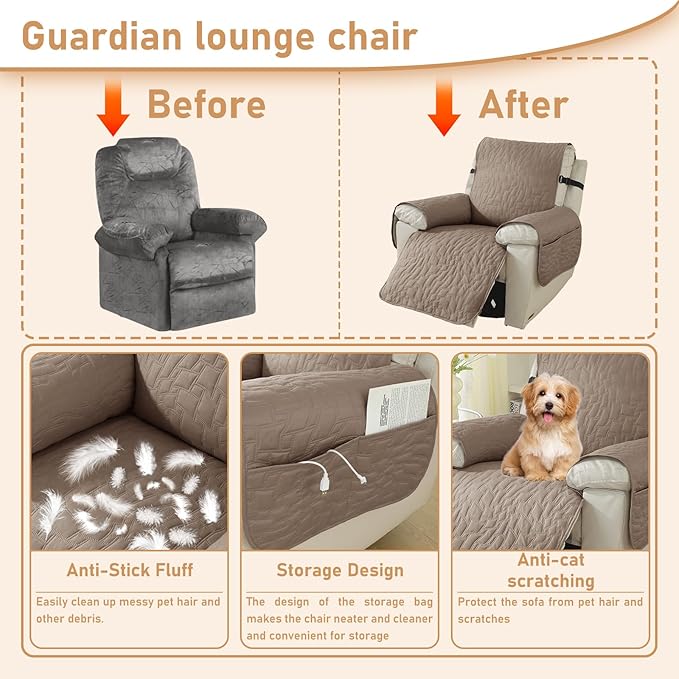 100% Waterproof Recliner Chair Covers for Reclining Chair, Small Recliner Covers That Stay in Place, Non-Slip Recliner Armchair Cover with Pockets for Kids, Pets, Dogs, Cat, Washable,Khaki,23IN