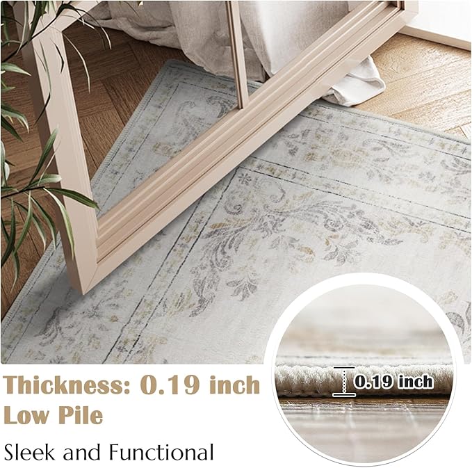 jinchan Vintage Floral Runner Rug 2x5 - Machine Washable Distressed Design Non-Slip Low-Pile Soft Thin Carpet for Hallway Kitchen Farmhouse Bedroom Entryway Laundry Room (2x5ft,Light Grey)