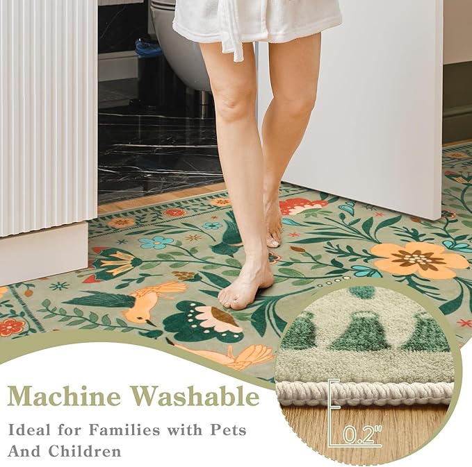 Moynesa Washable 8x10 Area Rugs for Living Room, Ultra Thin Soft Boho Bedroom Rug Stain Resistance, Low Pile Indoor Bird Pattern Sage Green Large Carpet for Nursery Dining Room Under Table