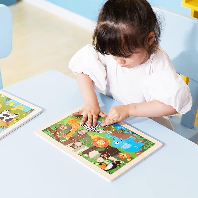 Animals Wooden Jigsaw Puzzle for Kids Set of 2 - African Wildlife and Farm Animals（15 pcs） Preschool Educational Learning Toys Gift for Toddlers Boys and Girls