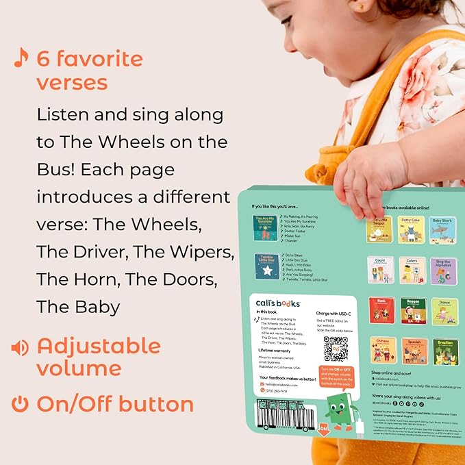 Calis Books The Wheels on The Bus Book | New Rechargeable Musical Book, No More Batteries | Books for 1 Year Old | Wheels on The Bus Toy | Musical Book for Toddlers 1-3 | Musical Toy for Toddlers