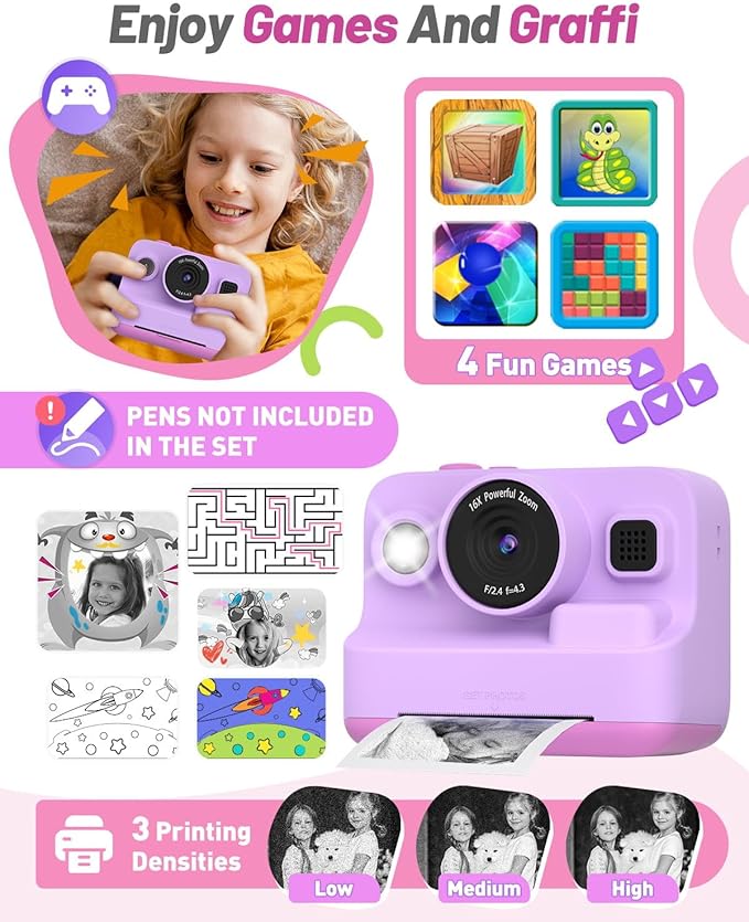 Instant Print Camera for Kids, Christmas Birthday Gifts for 3-12 Year Old Girls Boys, 2.4in Screen 1080P Video Digital Camera Toys for Kids Age 4 5 6 7 8 9 10 with 3 Rolls Print Paper 32G Card