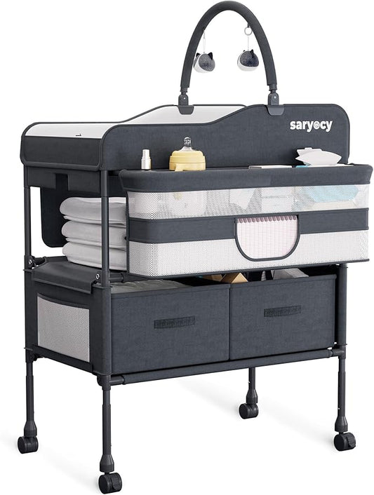 Baby Changing Table with Storage, Versatile Folding Changing Table, Baby Changing Station, Removable Wheels, 4 Adjustable Height, Waterproof, Mobile Nursery for Infant and Newborn
