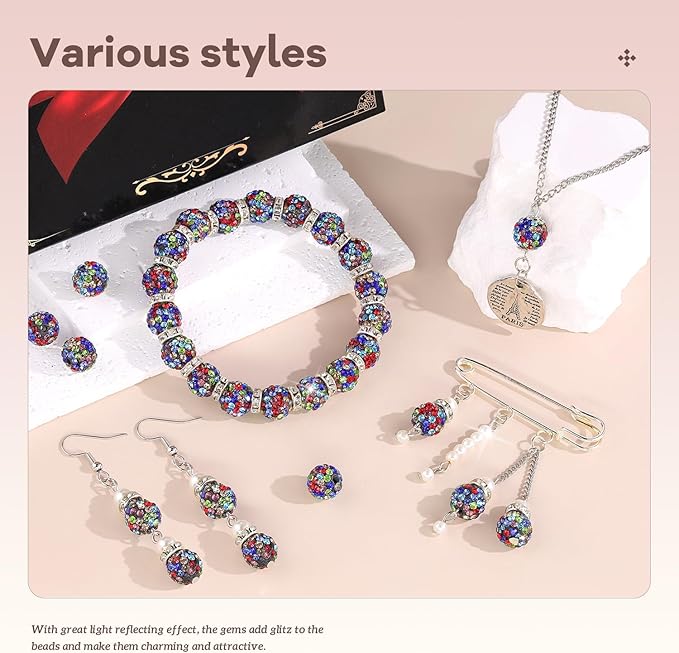 105pcs 10mm Rhinestone Beads for Jewelry Making, Black Mixed Shiny Round Disco Ball Beads Bulk, Sparkle Crystal Clay Christmas for Bracelet Baseball Necklace Earring Crafting and DIY