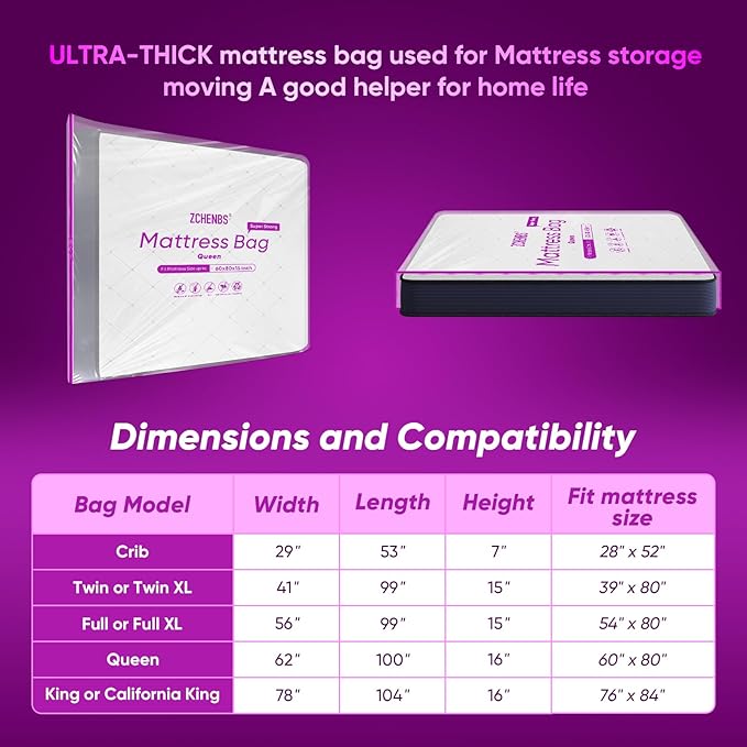 ZCHENBS® – Mattress Bags for Moving and Storage,Mattress Bag with Zippers,5 Mil Ultra-Thick Bed Bag,Waterproof,Anti-Tear,Heavy-Duty Mattress bag (Tansparent/Purple, Queen-(1 Pack))