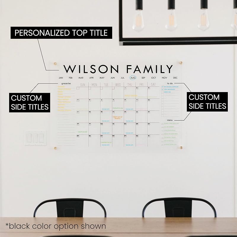 Personalized Clear Acrylic Calendar for Wall, Calendar Whiteboard for Wall, Dry Erase Wall Calendar, Wall Calendar Organizer System for Home (Block, Grey, 38"W x 26"H)