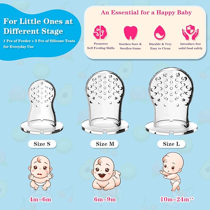 Baby Solids/Frozen Fruit Feeder Pacifier, Infant Teether Toy 4M+, BPA-Free Silicone Pouch & Nipple, Safely Introduce Solids, Teething Relief, 2-Pack - Blue/Green (Rabbit)