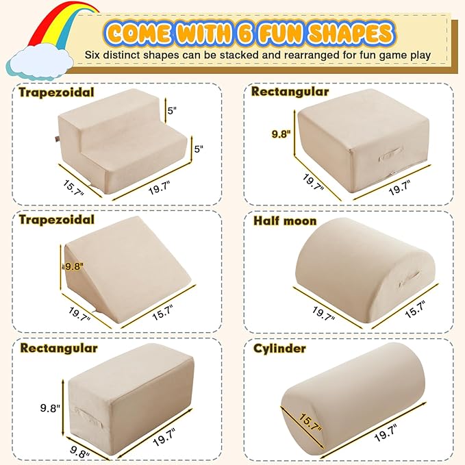 jela Foam Blocks 6Pcs Soft Play Equipment Luxury Miss Fabric, Toddler Climbing Toys Indoor Soft Play Climbing for Toddlers, Lightweight Climbing Blocks for Babies, Kids, Climb and Crawl Foam Playset