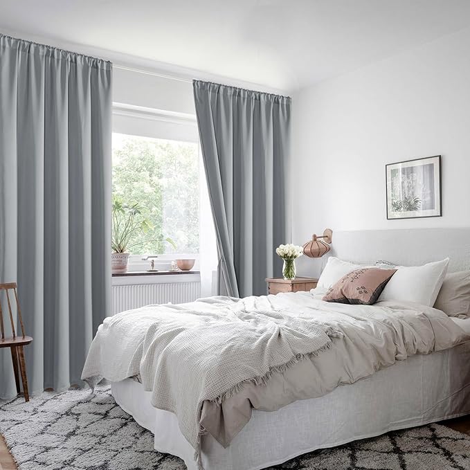 XWZO Blackout Curtains 84 Inches Long with Tiebacks- Rod Pocket Full Light Blocking & Energy Efficiency Extra Wide Window Draperies with Black Liner for Bedroom, Grey, W60 x L84, Set of 2