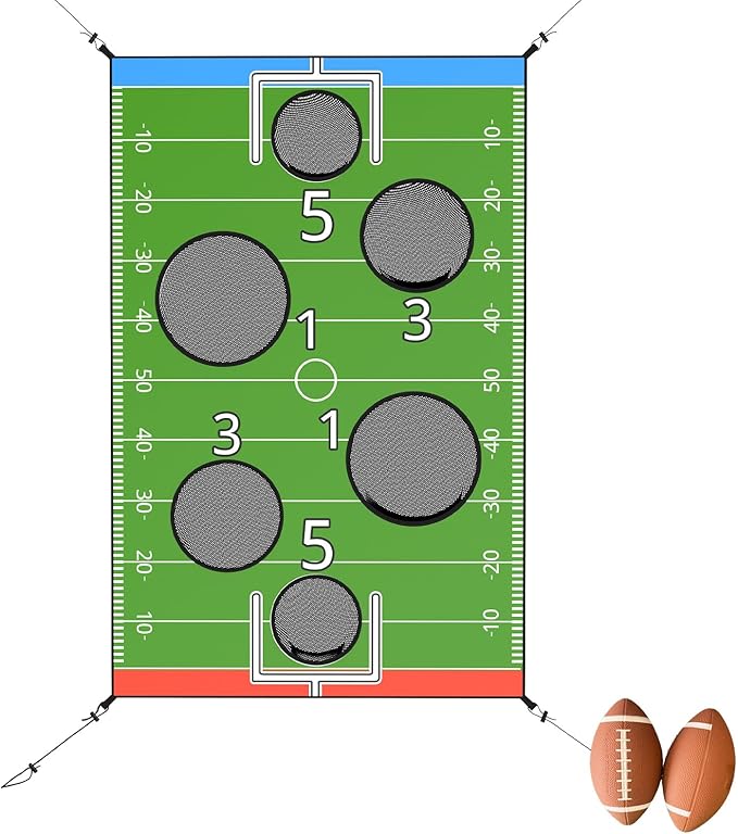 jumpfly Trampoline Football Game Accessories, Toss Throwing Target Net Fits 8 FT/10 FT/12 FT/14 FT Recreational Trampolines with Two Footballs - Trampoline Indoor Outdoor Party Games for Kids