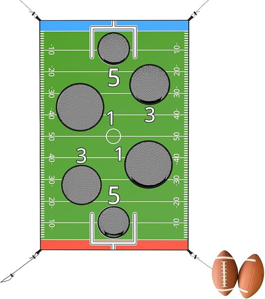 jumpfly Trampoline Football Game Accessories, Toss Throwing Target Net Fits 8 FT/10 FT/12 FT/14 FT Recreational Trampolines with Two Footballs - Trampoline Indoor Outdoor Party Games for Kids