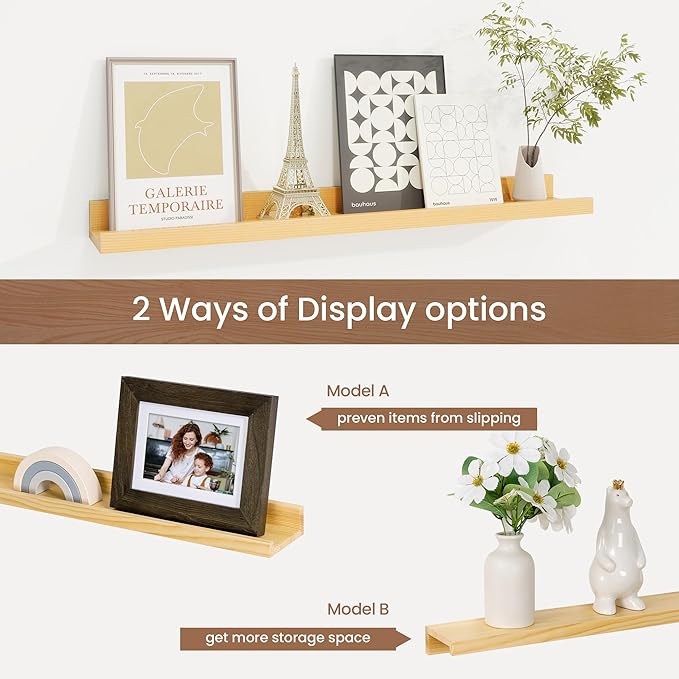 Picture Ledge Shelf, Solid Pine Wood Floating Shelves Set of 2, 24 Inches Nursery Book Shelves for Toys Storage, Kids Bookshelf Wall Mounted for Living Room Bedroom Decor Books Photo Frames, Natural