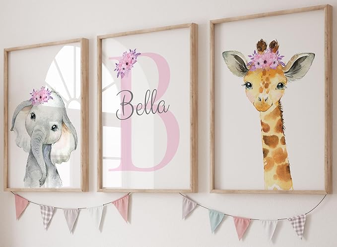 Personalized Safari Animals for Baby Girls Nursery, Set of 3 Unframed Poster Prints, Personalized Name Pink Lilac Floral, Girls Bedroom Decor, Elephant Giraffe (12x16)