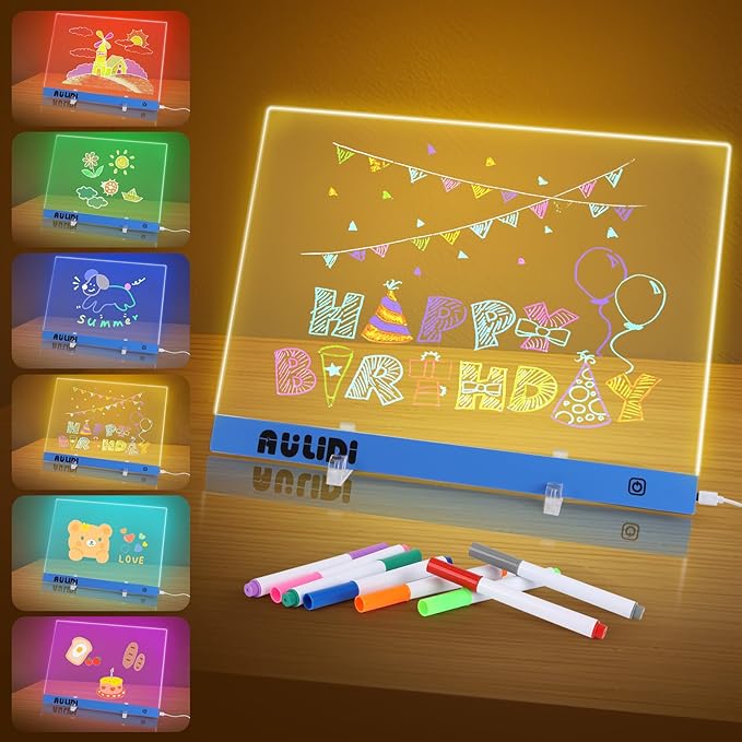LED Note Board with Colors, Acrylic Dry Erase Board with Light, 16"x12" 6-Color Neon Glow Memo LED Light-Up Message Note Board, Drawing Board, LED Writing Pad with Touch Control (Stand/Hanging)