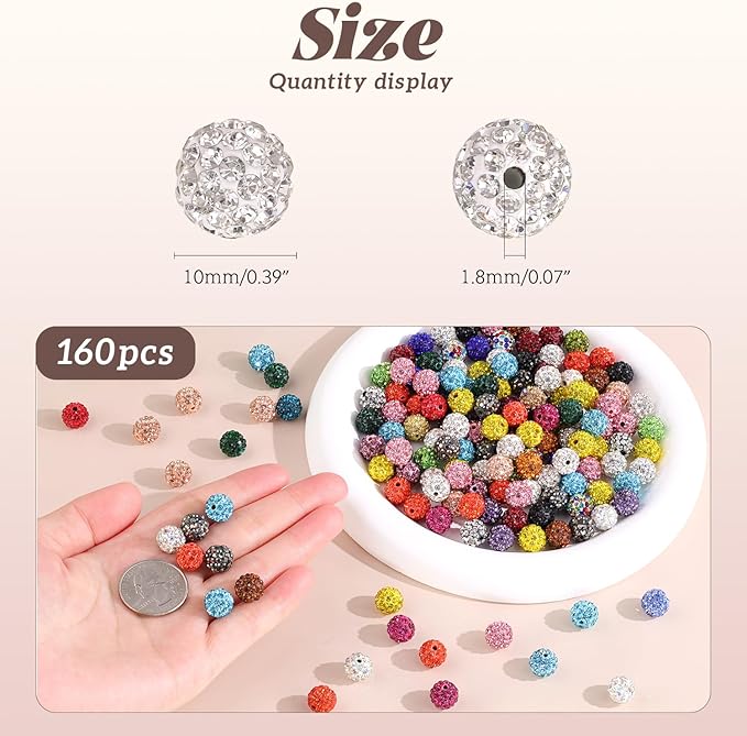 160pcs 10mm Rhinestone Beads for Jewelry Making, Orange Shiny Round Disco Ball Beads Bulk, Sparkle Crystal Clay Christmas for Bracelet Baseball Necklace Earring Crafting and DIY