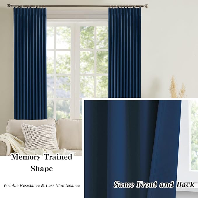 Navy Blackout Pleated Curtains 96 Inch Length Soft Polyester Blue Drapes for Living Room 2 Panels Set Room Darkening Black Out Hook Curtain with Pinch Pleat Ceiling Mount 40 Wide x 96 Inches Long