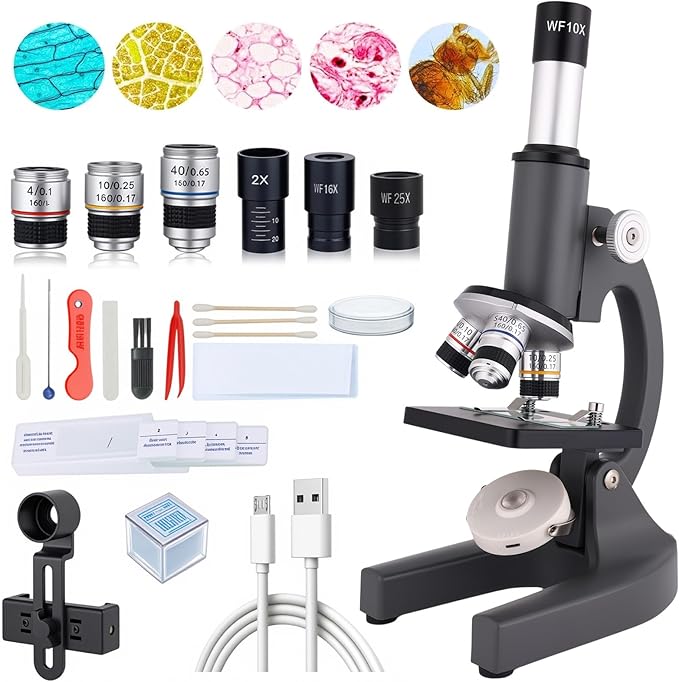 Gray 40-2000X Magnification Compound Microscope for Adults Kids with Slides, Fill Light - Suitable for Children, Students, Home, School, Laboratory Kit