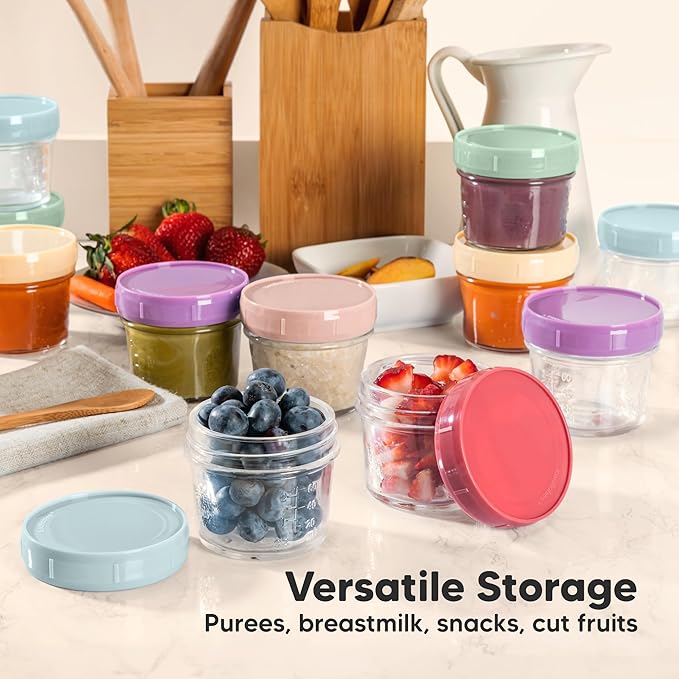 KeaBabies 4pk 8oz Glass Baby Food Containers with Lids - Leak-Proof, Microwavable Small Glass Jars, Baby Purees & Toddler Snack Storage Containers, BPA-Free, Dishwasher & Freezer Safe (Slate)