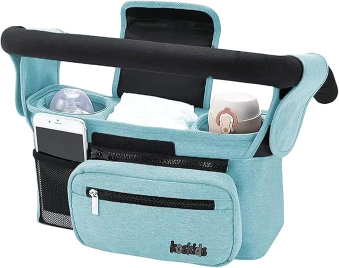 Universal Stroller Organizer with Insulated Cup Holder, Detachable Phone Bag, Shoulder Strap – Fits All Stroller Types, Keeps Drinks Hot/Cold (Blue)